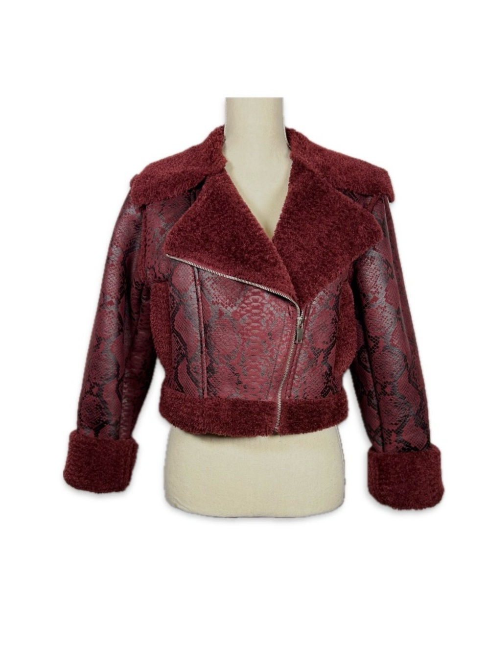 Forever 21 Burgundy Black Snake Print Faux Shearling Moto Jacket Small